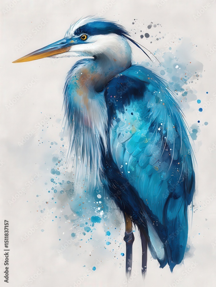 A vibrant heron adorned with stunning blue feathers stands elegantly, showcasing its long neck and slender beak. The background features a soft watercolor splash, enhancing the birds beauty.