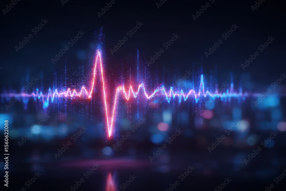 A vibrant illustration showcases a heart rate monitor displaying fluctuating waves of red and blue light. The background features a blurred cityscape, enhancing the tech-inspired ambiance.