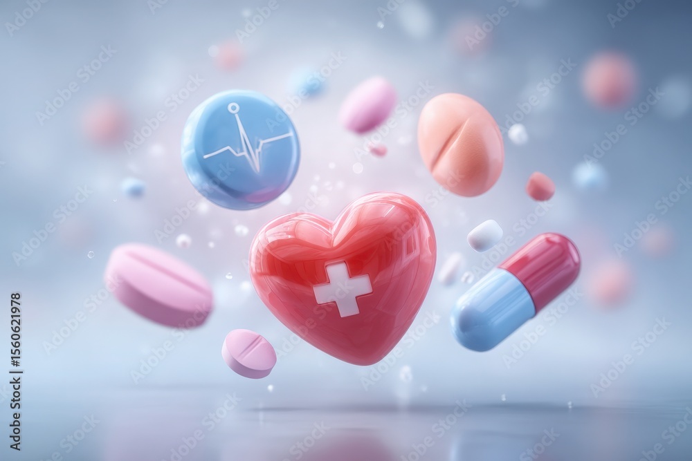 A vibrant mix of pills and a heart symbol float in a hazy background, representing themes of healthcare, wellness, and medical advancement. The composition highlights the importance of medicine.