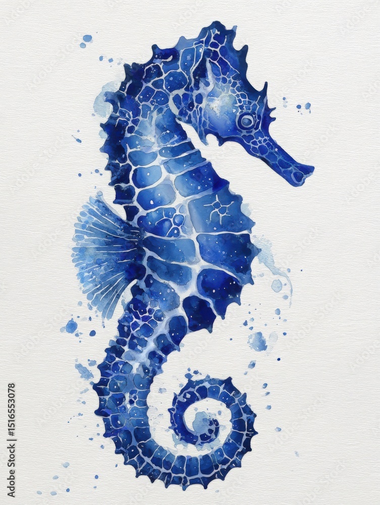 A vibrant seahorse illustration in shades of blue portrays detailed textures and fluid shapes. Swirls and splashes in the background enhance the aquatic theme of this artistic piece.