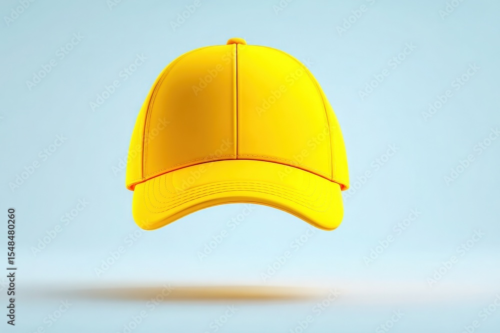 A vibrant yellow baseball cap floats in mid-air against a soft light blue background, showcasing its smooth texture and curved peak. The minimalist design emphasizes its vivid color.