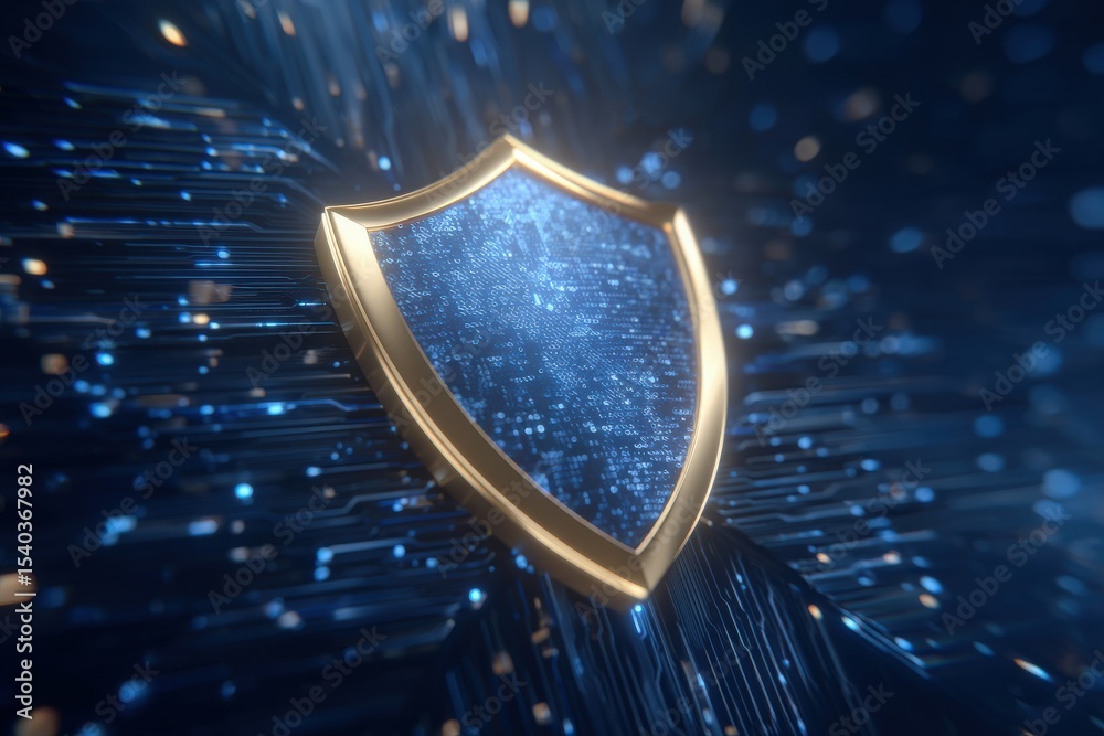 A visually striking digital shield floats against a dynamic abstract background filled with glowing blue lines. The shield symbolizes security in the digital realm, emphasizing protection.