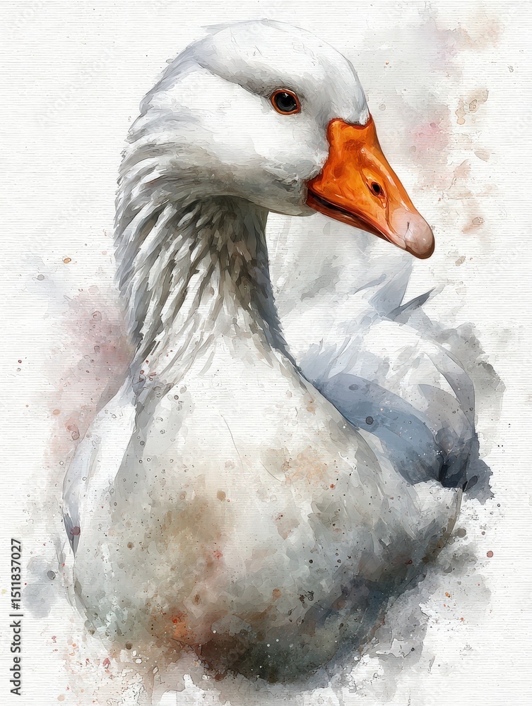 A white goose with striking orange beak and an expressive gaze sits gracefully, highlighting its textured feathers. The soft, blurred backdrop enhances its beauty and charm.