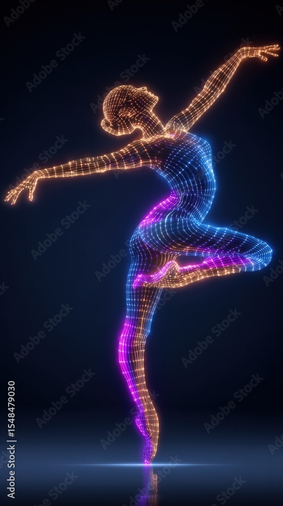 A wireframe dancer glows with neon lights in shades of blue and orange. The figure strikes a graceful pose, illustrating the beauty of dance in a digital art style against a dark background.