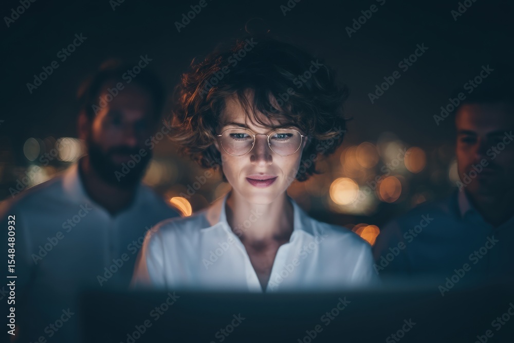 A woman with curly hair and glasses intently looks at a laptop screen. Two male colleagues stand behind her, blurred in the background.