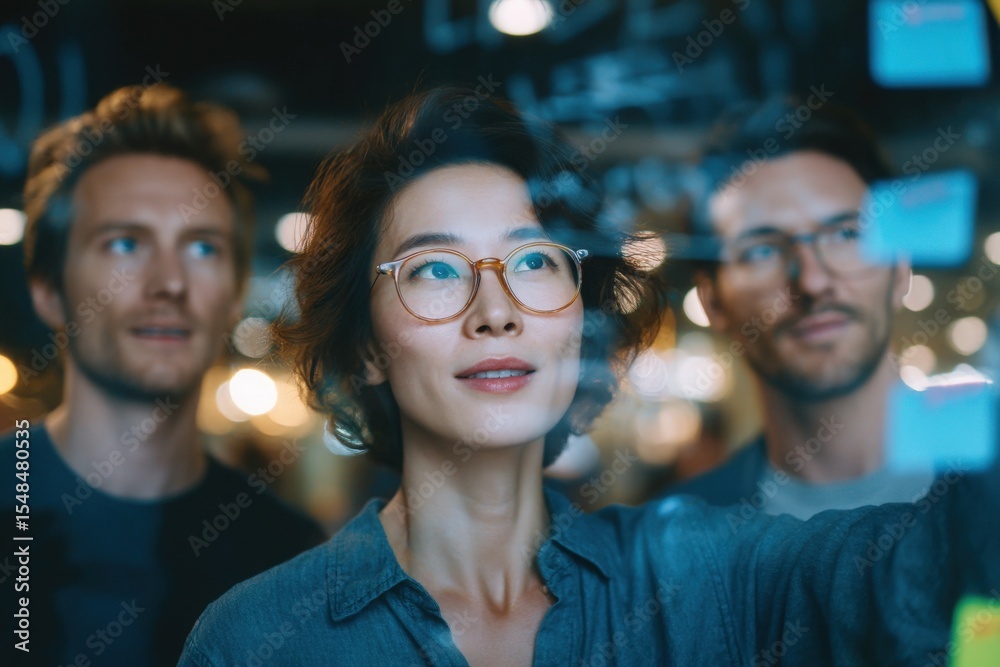 A woman with curly hair and glasses leads a collaborative session with two colleagues. They are engaged in brainstorming, analyzing ideas displayed on a digital board in a well-lit, modern workspace.