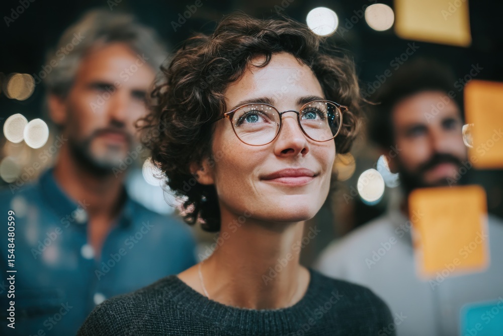 A woman with curly hair and glasses looks thoughtfully at sticky notes on a wall. Two men stand behind her, creating an atmosphere of collaboration and innovation during a brainstorming session.
