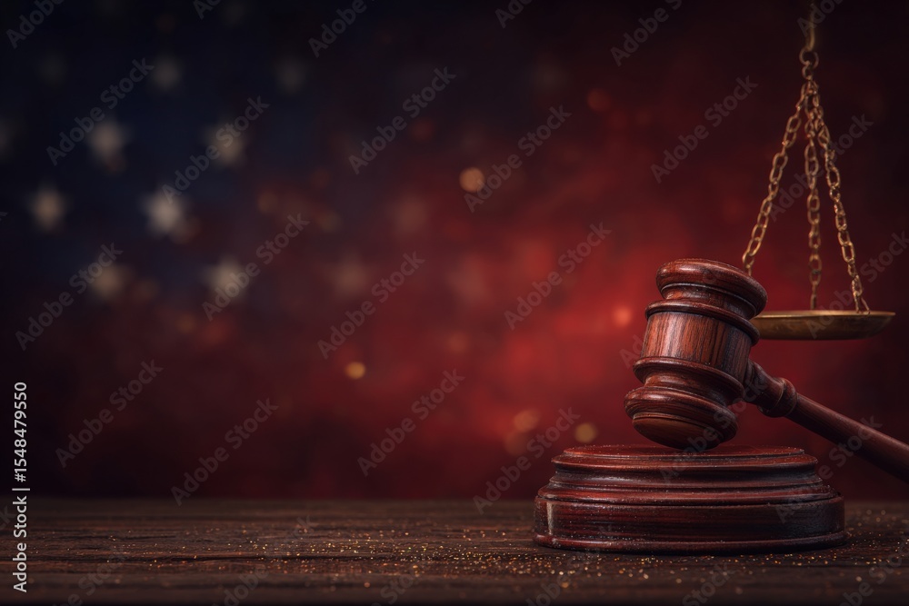 A wooden gavel and scales of justice rest on a dark surface, illuminated by a softly blurred starry background. The scene evokes themes of law, fairness, and authority.