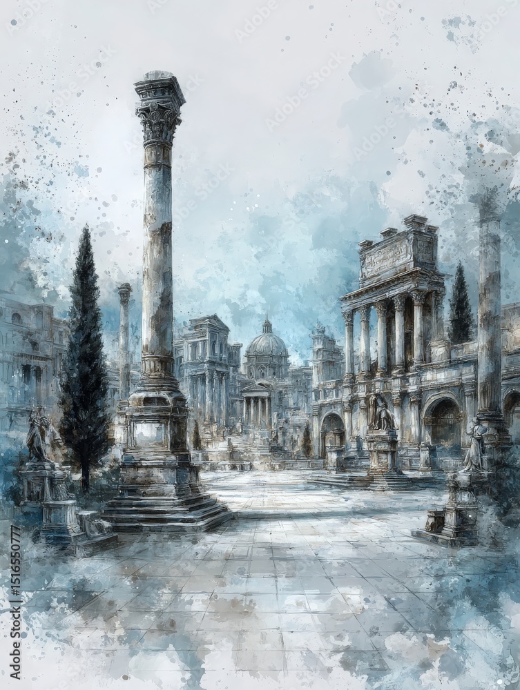 An artistic representation of historic ruins showcases grand columns, statues, and an imposing dome under a bright sky. The blend of colors highlights the ancient architecture beautifully.