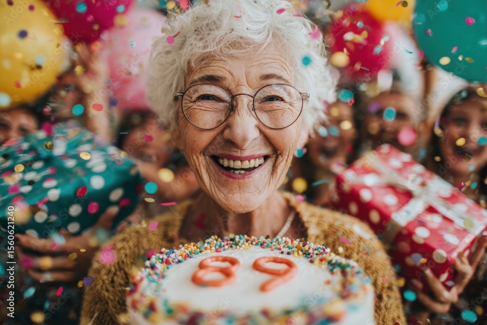 An elderly woman with curly white hair and glasses smiles widely while holding a birthday cake with the number 89 on it. Friends surround her, celebrating with balloons and gifts.