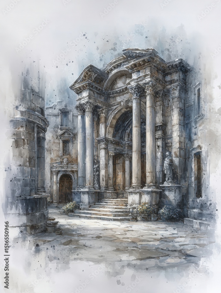 An elegant stone structure with grand columns and statues stands in a quiet area, surrounded by weathered buildings. Soft watercolor tones enhance the historic charm of this architectural gem.