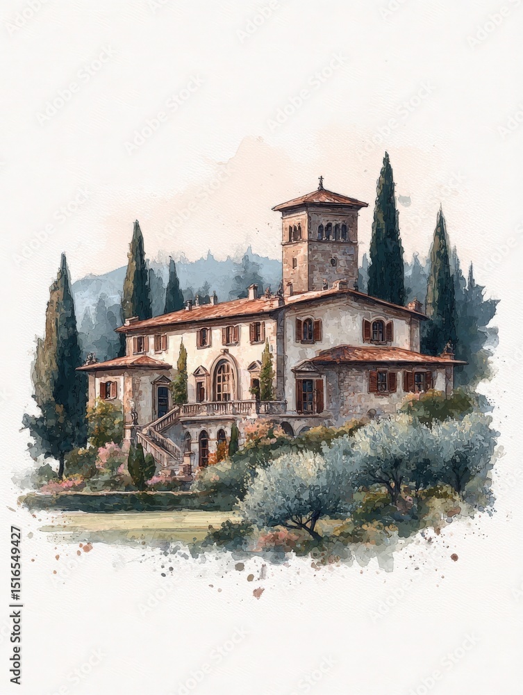 An elegant villa stands gracefully among lush olive trees under a clear sky in Tuscany. The structure showcases classic architecture with a charming tower and vibrant greenery.