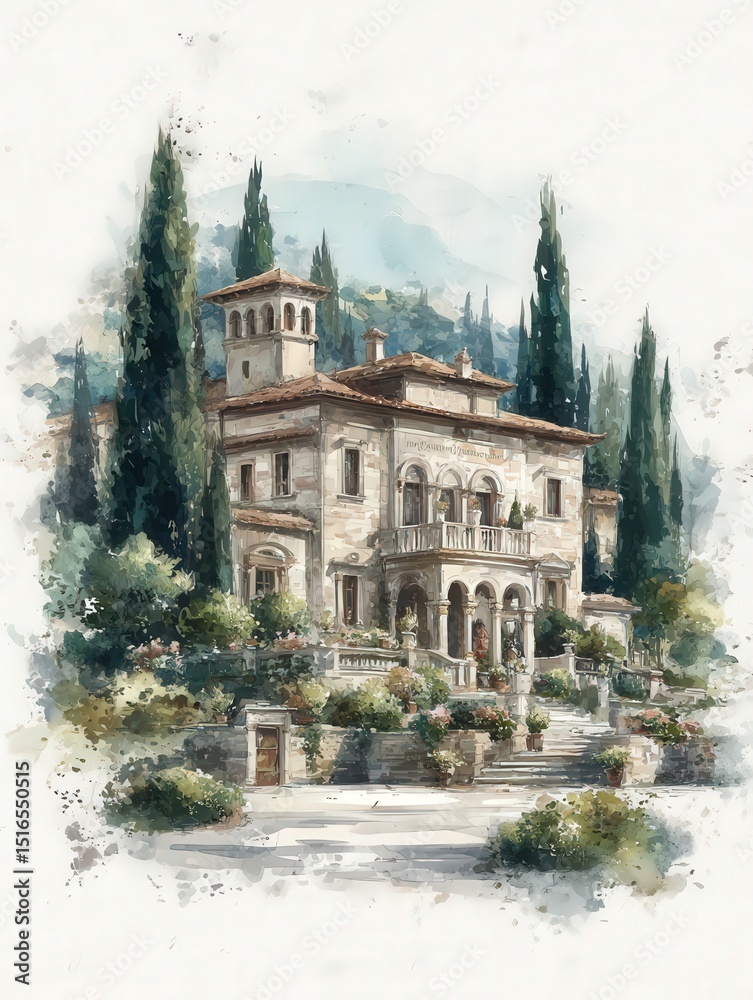 An elegant villa stands majestically in a tranquil setting, surrounded by vibrant greenery and soaring cypress trees. Soft sunlight bathes the structure, enhancing its charming details.