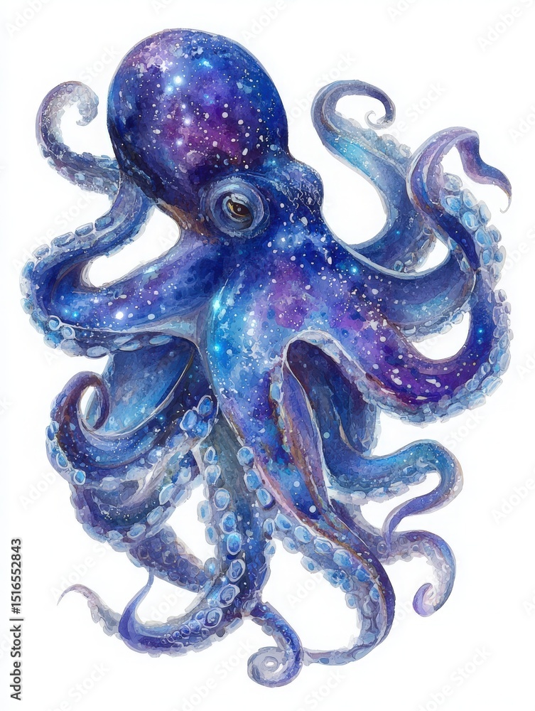An octopus glides gracefully amidst a swirling background of deep blue and purple hues resembling a galaxy. Its tentacles extend outward, adorned with sparkling stars, creating a mystical atmosphere.