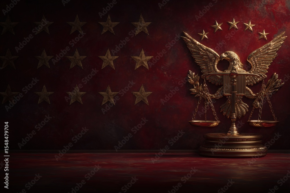 An ornate golden eagle symbolizing justice stands prominently against a rich red backdrop, adorned with stars. The scales of justice rest at the base, emphasizing the theme of law and order.