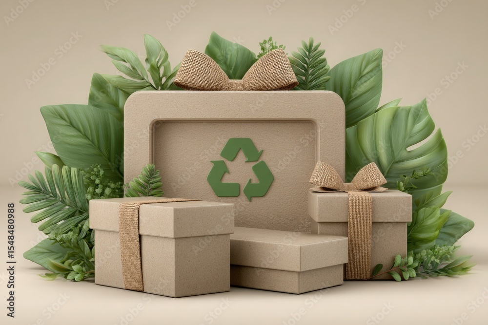 Beautifully arranged eco-friendly gifts made from recycled materials sit among lush green foliage. The setup emphasizes sustainability and nature, creating an inviting atmosphere.