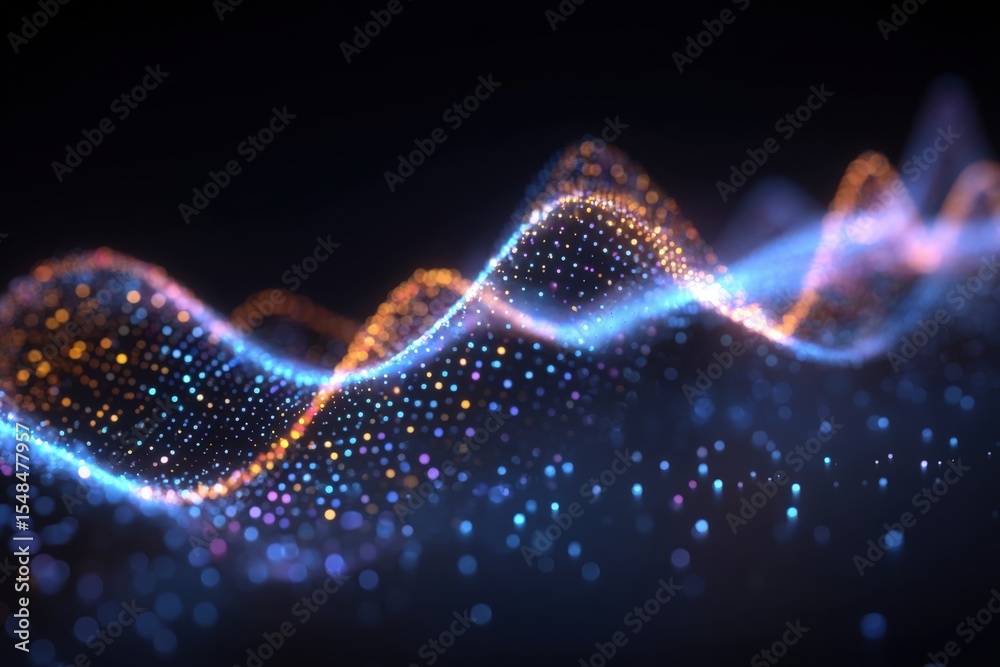 Bright, flowing waves of light in various colors create an abstract pattern, evoking sound vibrations and digital art. The design features a glowing, dynamic look against a dark background.