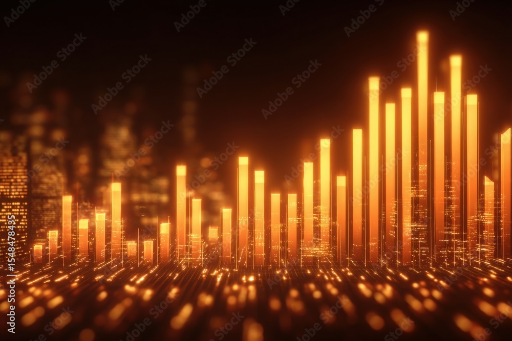 Bright orange bars represent data trends in a vibrant cityscape at night. The glowing lights create a dynamic atmosphere, emphasizing the significance of growth and analytics in urban environments.