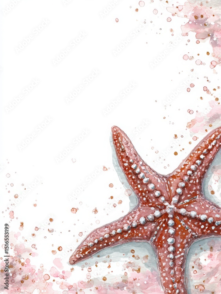 Bright red starfish is positioned creatively on a textured background featuring soft pink and gold splashes. This composition evokes a tranquil coastal atmosphere, perfect for marine-themed decor.