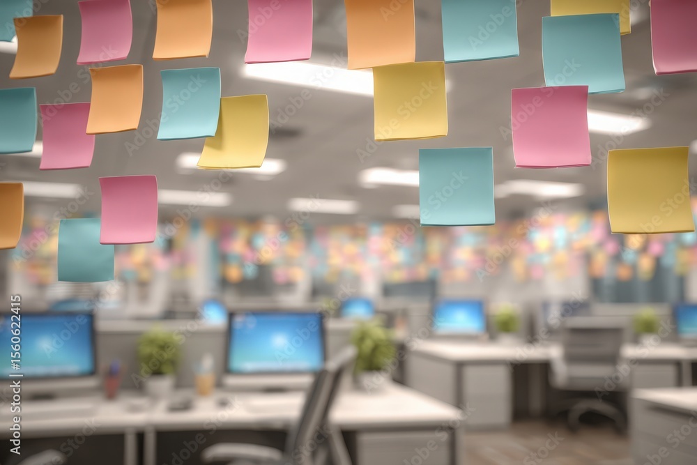 Bright sticky notes hang in a contemporary office, adding color to the workspace filled with computer stations and potted plants. The atmosphere encourages creativity and collaboration.