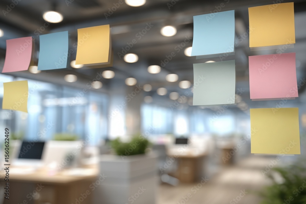 Bright sticky notes in blue, yellow, and pink are attached to a transparent glass surface, displaying a creative workspace filled with modern desks and computers in a well-lit office environment.