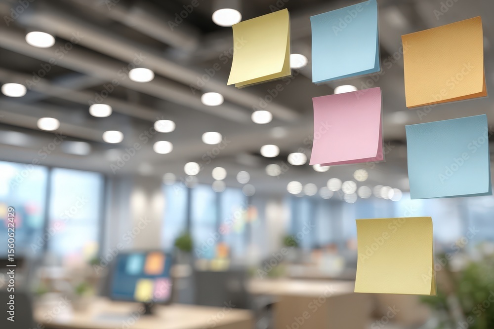 Bright sticky notes in pastel colors are placed on a transparent glass surface. In the background, a contemporary office features desks and a computer setup, creating a vibrant workspace atmosphere.