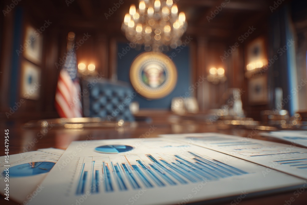 Charts and reports are spread across a polished table in a formal office setting. The background features an official seal and elegant chandeliers with an American flag in view.