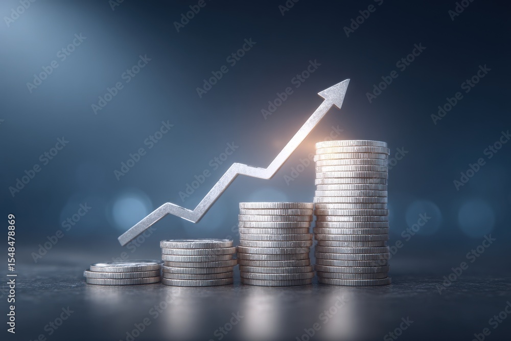 Coins stack in ascending order, symbolizing financial growth. An arrow points upwards, indicating progress and success in investments. The background enhances the focus on the coins.