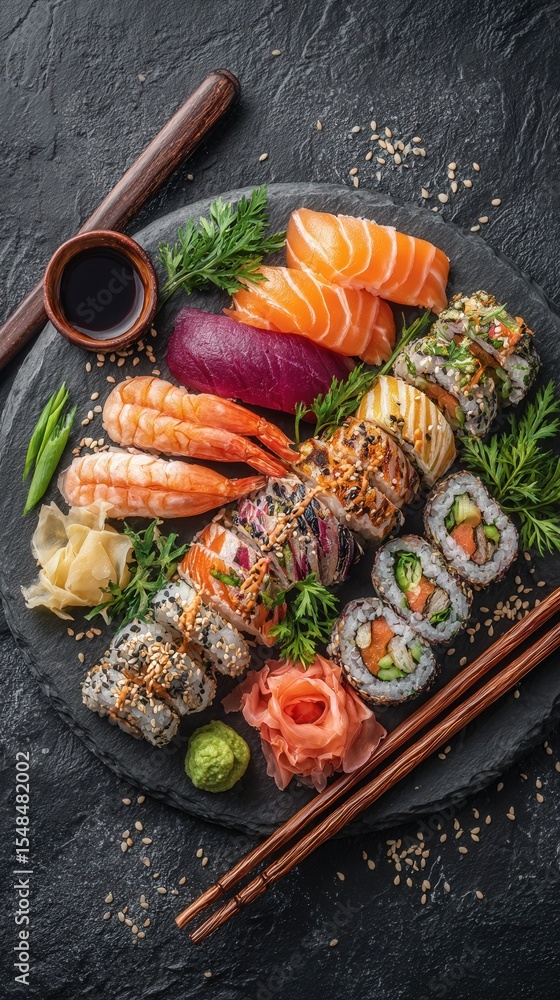 Colorful platter displays a variety of sushi and sashimi, including shrimp, salmon, and vegetables. Accompanied by wasabi, ginger, and soy sauce, this spread is perfect for sharing.