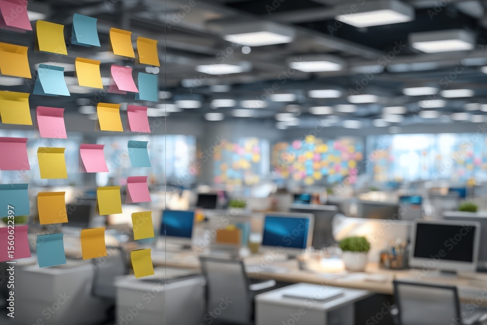 Colorful sticky notes in pink and yellow are arranged on a glass surface, while a modern office filled with computers and desks can be seen in the background. Bright natural light fills the room.