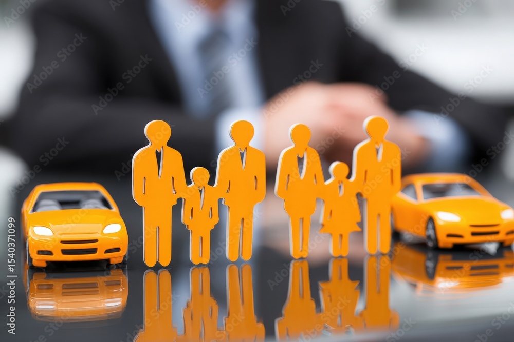 Figures representing a family stand alongside miniature cars on a reflective surface, suggesting connections between family life and automobile ownership in a modern business environment.
