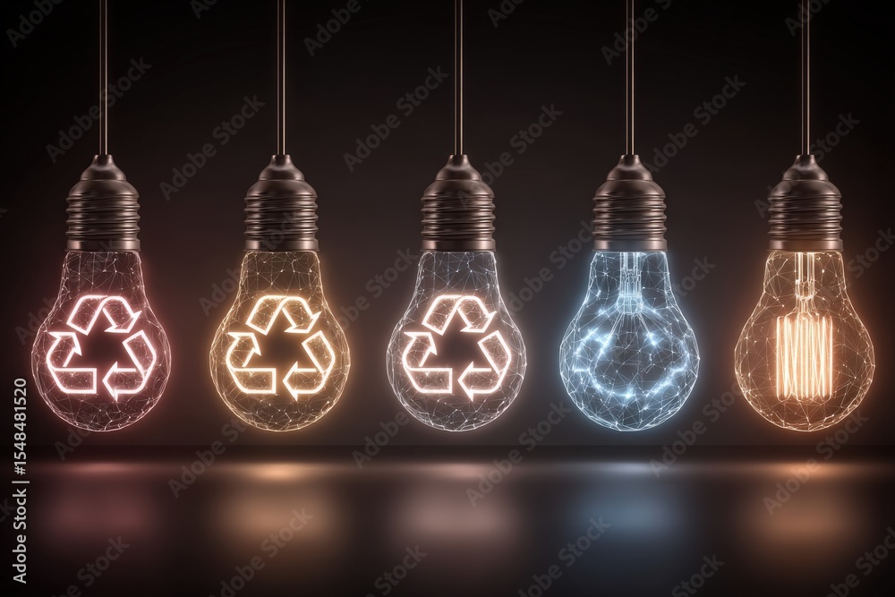 Five light bulbs hang in a line, showcasing various stages of design. Each bulb incorporates a recycling symbol, highlighting the theme of sustainability and innovation in energy-efficient lighting.