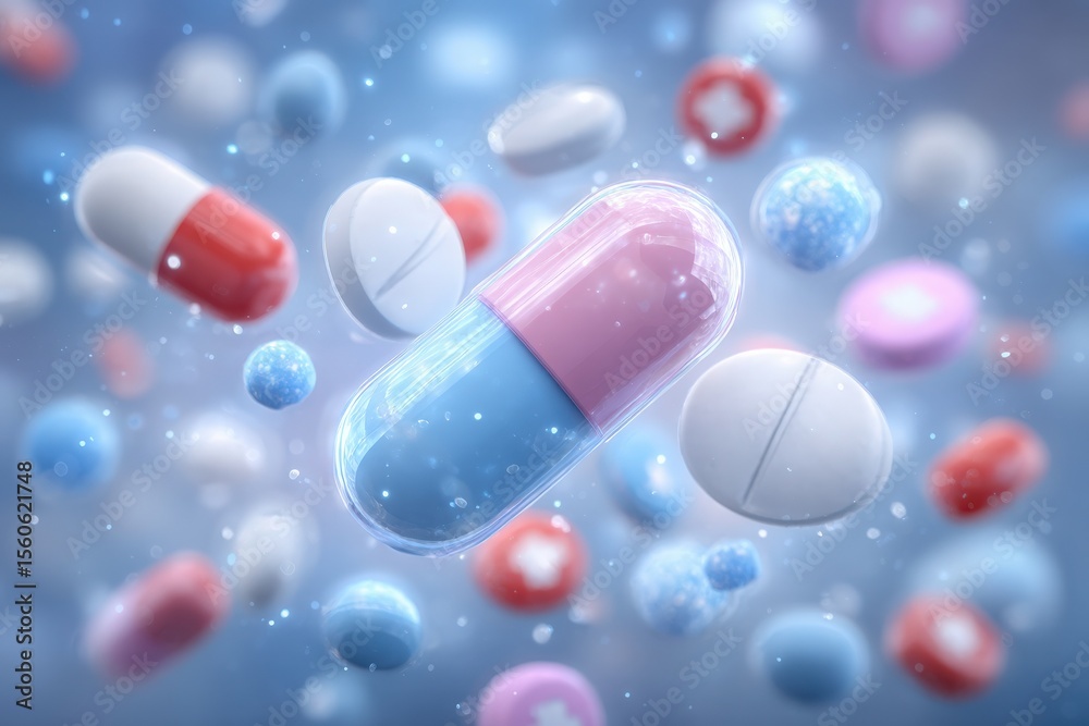 Floating capsules and tablets in various colors create a calming visual effect against a soft blue background.