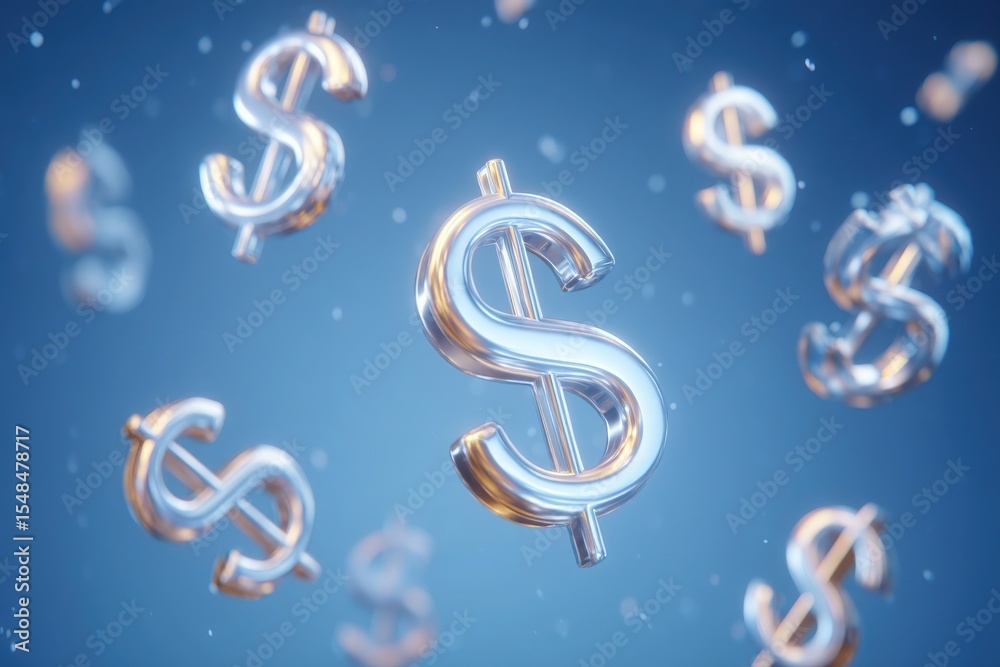 Floating metallic dollar signs shimmer against a soft blue backdrop, embodying wealth, finance, and prosperity in a dynamic, possibly digital, atmosphere.