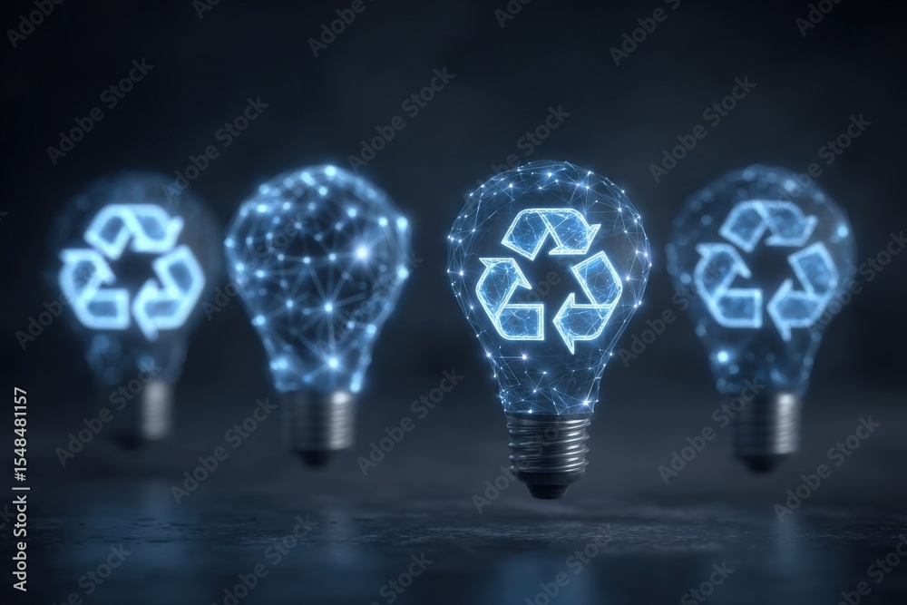 Four futuristic light bulbs glow with a digital recycling symbol. Their intricate, luminous designs highlight the importance of sustainability and eco-friendly practices in technology and energy use.