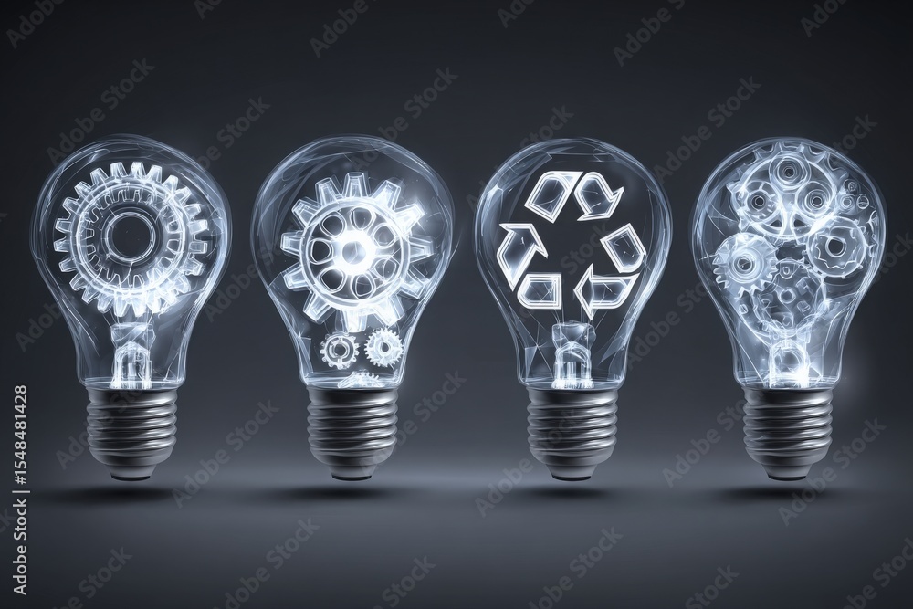 Four light bulbs display unique designs, each symbolizing different concepts.