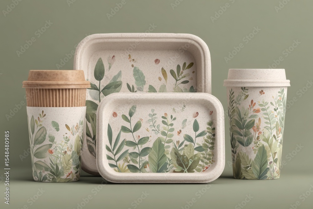 Four pieces of packaging are displayed with a nature theme, including two cups and two trays. Each item showcases detailed green plant illustrations, emphasizing eco-sustainability and creativity.