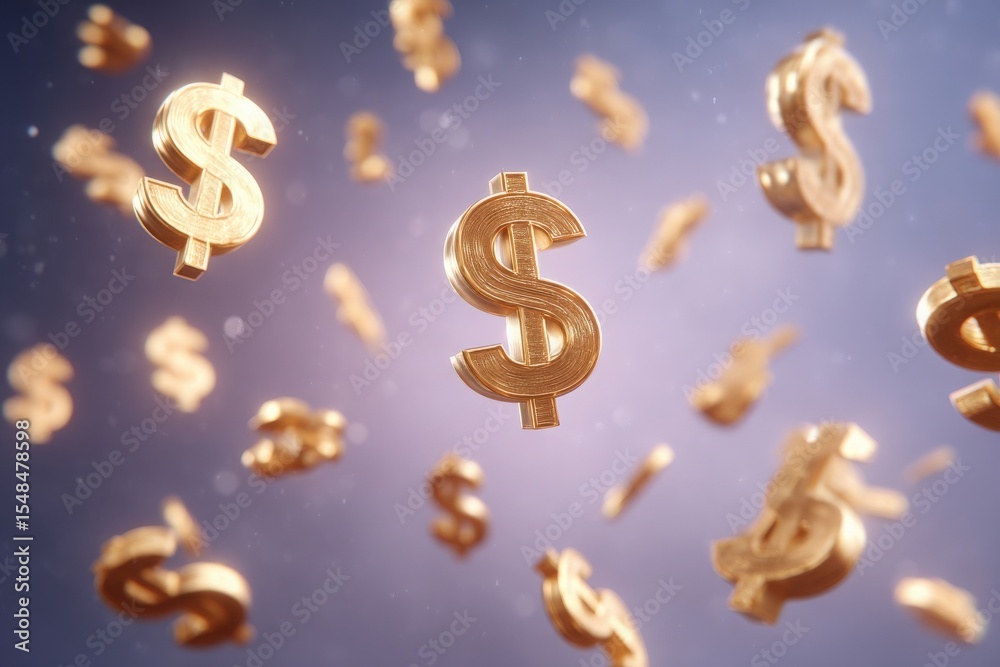 Glimmering golden dollar signs float in mid-air against a soft, gradient background. This vibrant depiction symbolizes financial success, abundance, and the allure of wealth.