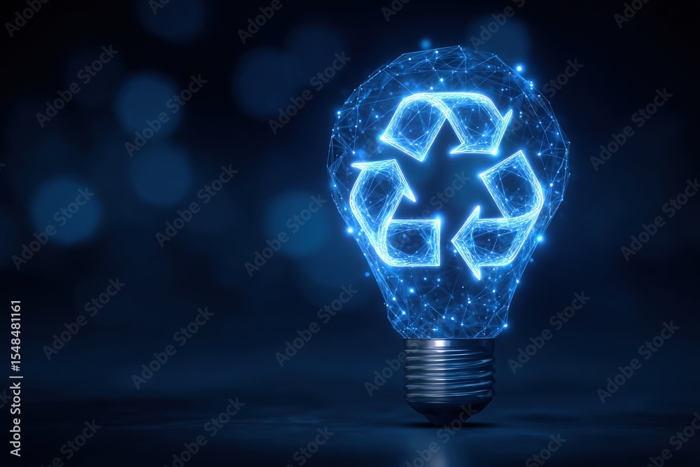 Glowing blue light bulb showcases a recycling symbol formed with intricate lines. The scene is set against a dark backdrop, highlighting the focus on eco-friendly innovation and energy efficiency.
