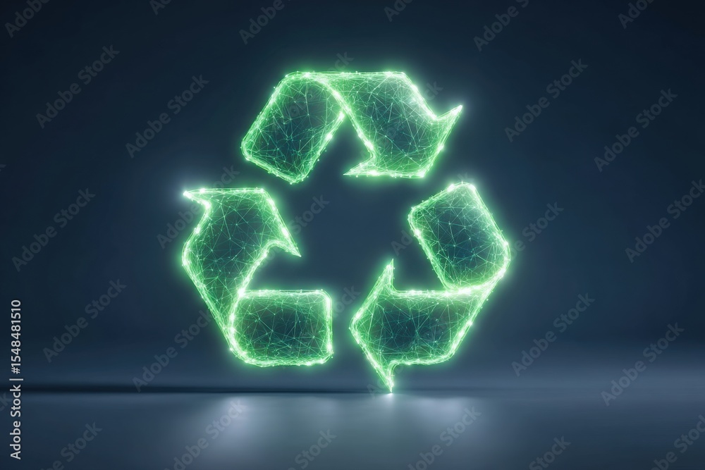 Glowing green recycling symbol is depicted against a dark background, showcasing a modern interpretation of eco-friendliness. The luminous design highlights the importance of sustainability.