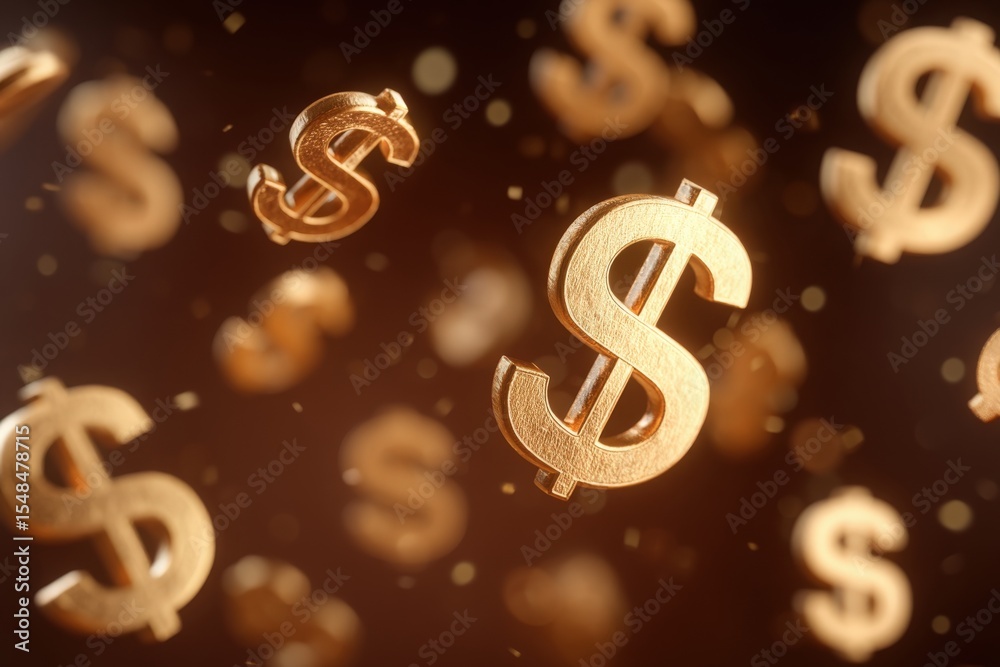 Golden dollar signs appear to float in mid-air, creating an eye-catching visual effect. The shimmering background enhances the sense of wealth and prosperity, perfect for financial concepts.