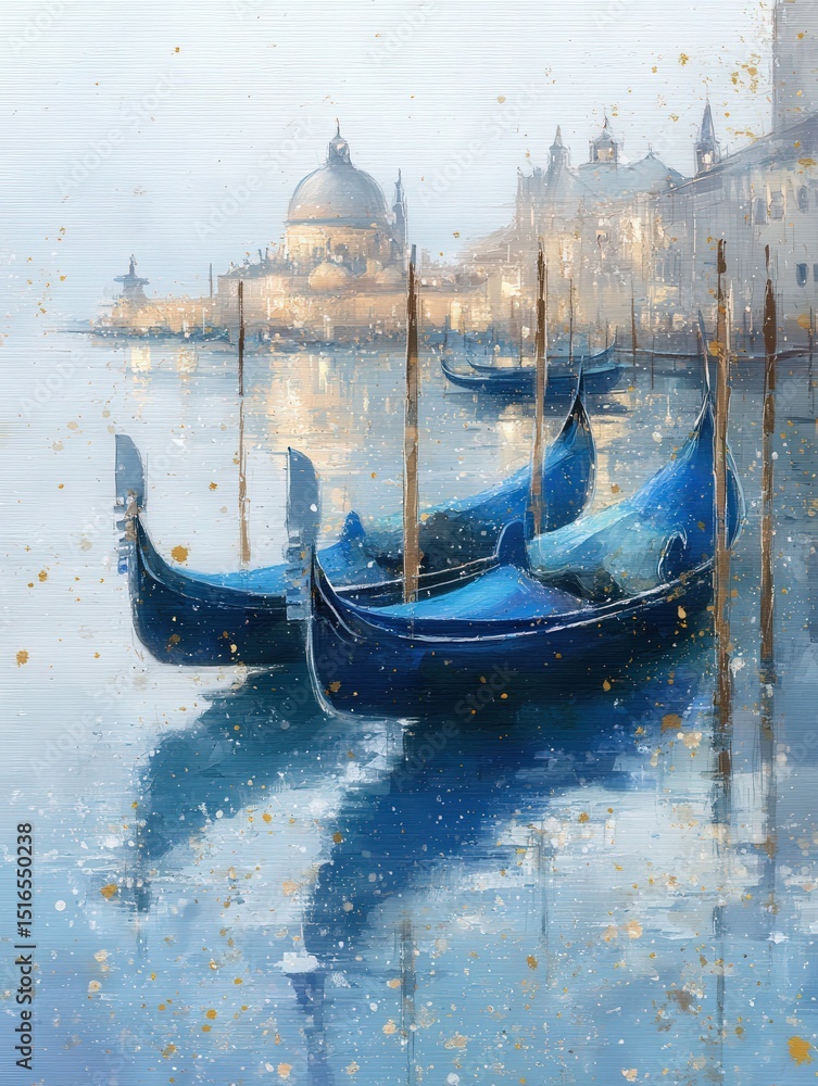 Gondolas gently float in a serene Venetian lagoon, with historic buildings and a dome visible in the background during early morning light. The calm water reflects the soft hues of dawn.
