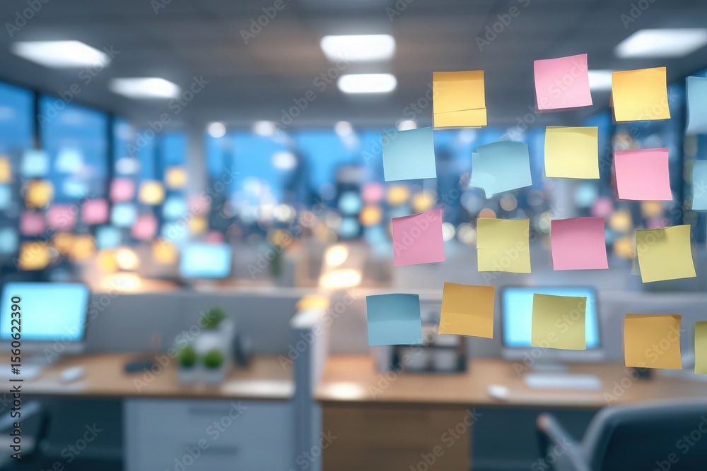 In a contemporary office, colorful sticky notes decorate a glass board, showcasing ideas and tasks. Desks are neatly arranged with computers, plants, and bright natural light illuminating the space.