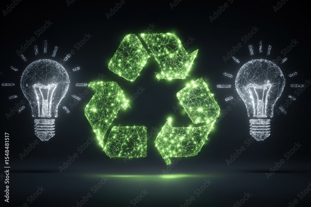 In a dark setting, a glowing green recycling symbol is flanked by two illuminated light bulbs, conveying the importance of sustainability and innovation in energy conservation.