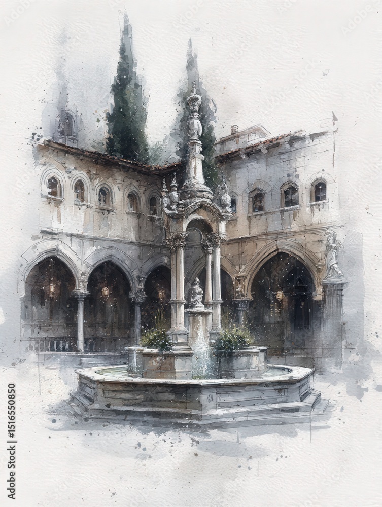 In a tranquil courtyard, a detailed water fountain stands proudly at its center.
