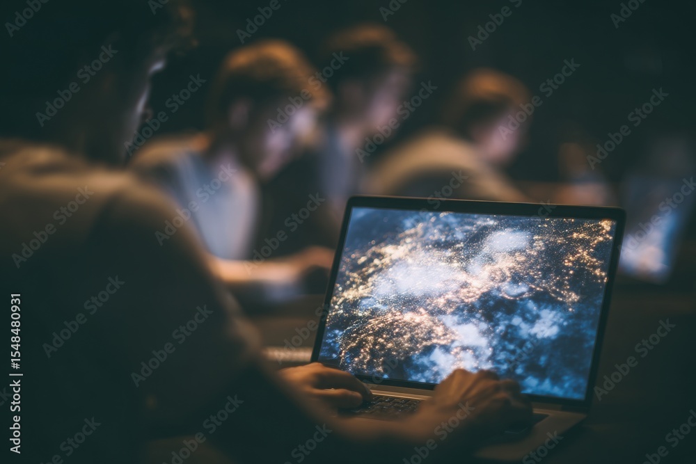 Individuals are seated at a table in a dark room, engaged in work on their laptops. The screen displays a map of the world illuminated by city lights, showcasing connectivity.