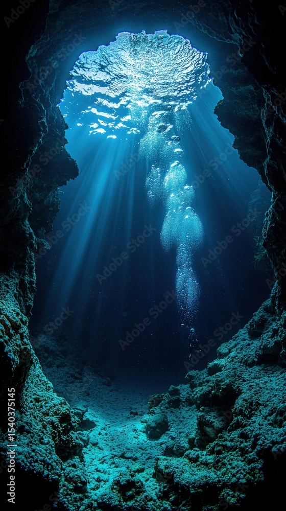 Light filters through the waters surface into an underwater cave, creating a stunning contrast against the dark surroundings. Bubbles rise as a diver explores the coral-rich landscape.