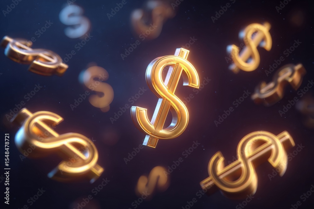 Multiple golden dollar signs appear to float against a dark backdrop, creating a striking and dynamic image. The scene evokes themes of wealth and financial success in a visually appealing way.