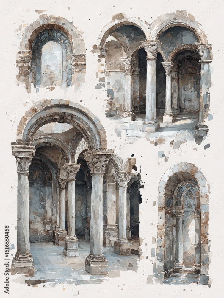 Multiple views showcase intricate stone arches and columns within a historic structure.