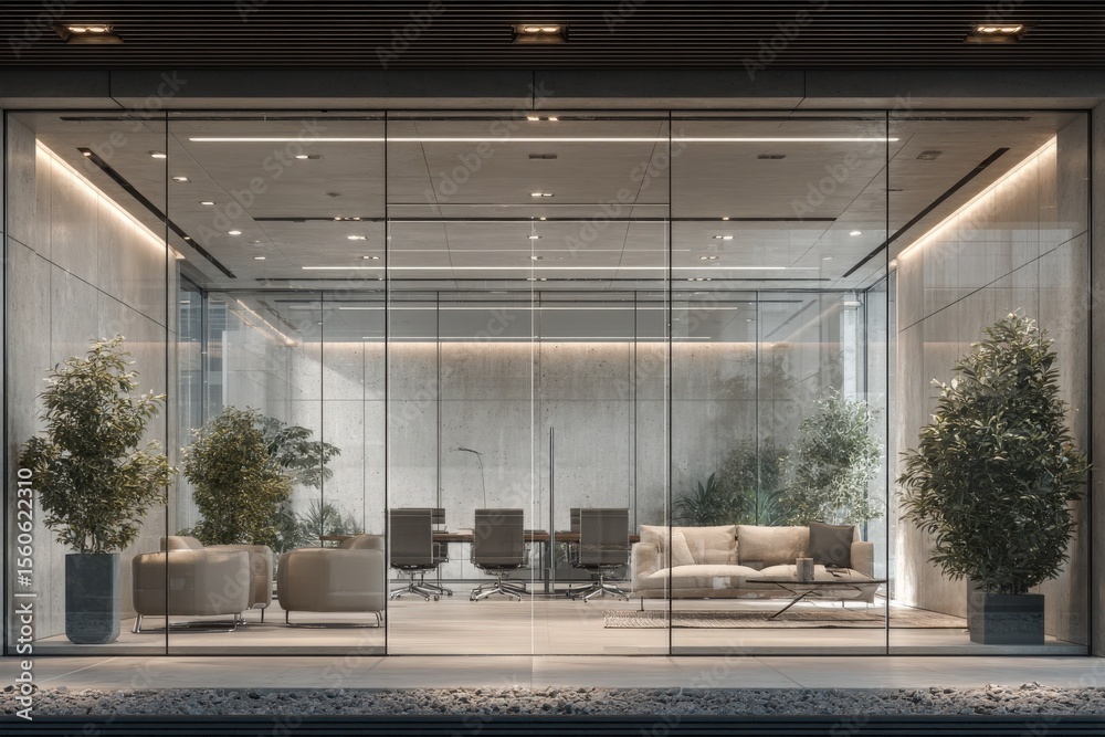 Potted plants and minimalist furniture define a stylish office space illuminated by soft lighting. Large glass walls provide a clear view into the interior, showcasing a conference area.